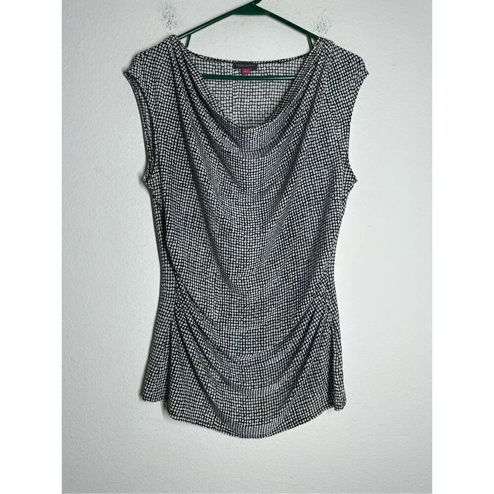 Vince Camuto Sleeveless Rouched BlouseβPolka Dot Black White Green Size L